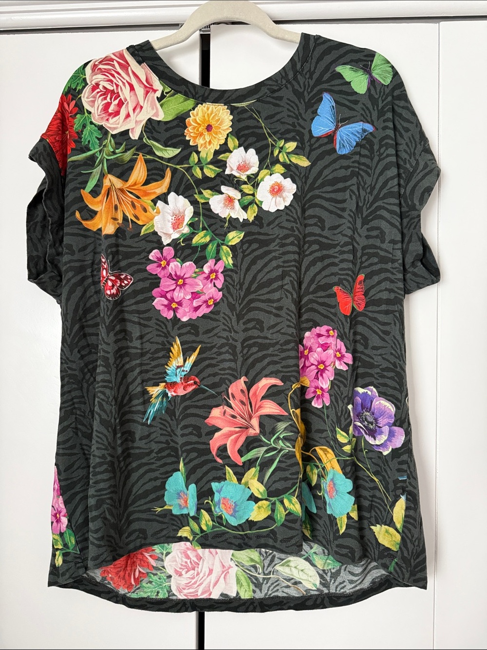 Johnny Was Black XL Zebra-Print Tee with Multicolor Floral & Butterfly Motif